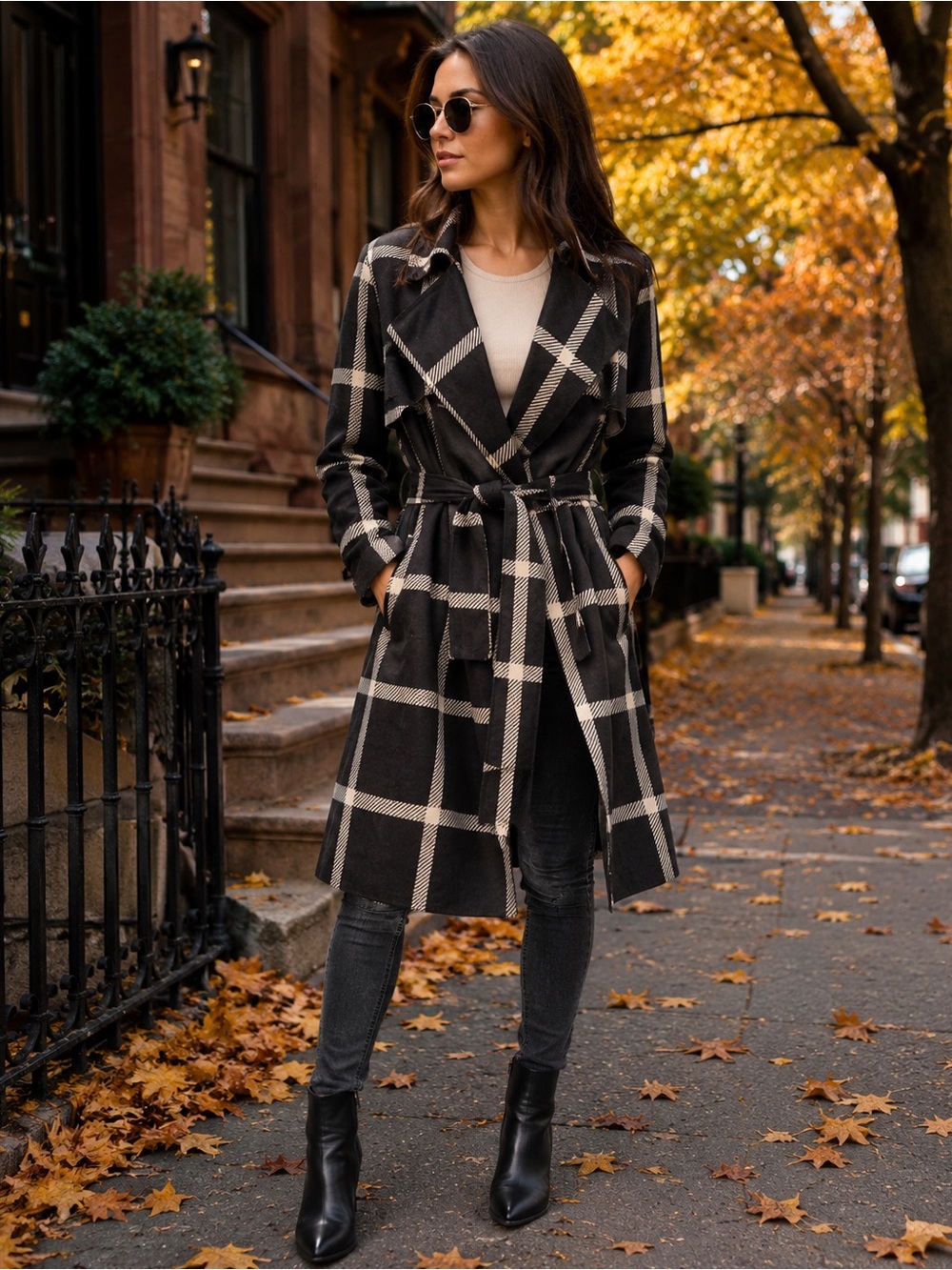Solitaire Black & Cream Plaid Belted Trench Coat